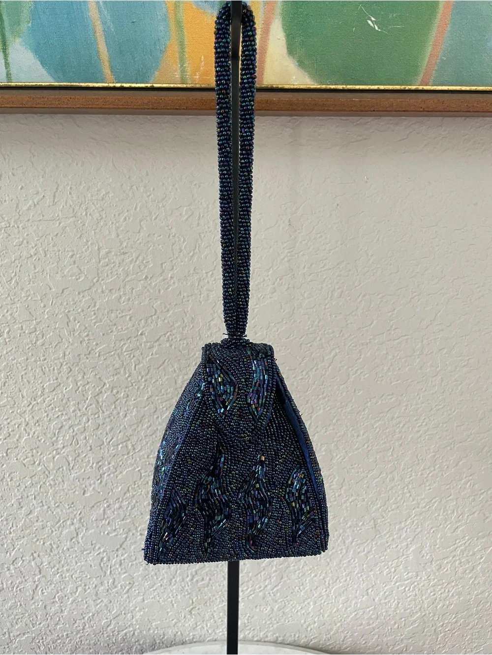Vintage Hand Beaded Navy Peacock Iridescent Evening Bag Wristlet La Regale Style